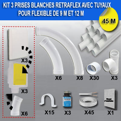 Kit 3 prises RETRAFLEX blanches nouvelle génération, 20% plus petit que le premier modèle - longueur de tuyaux 45m