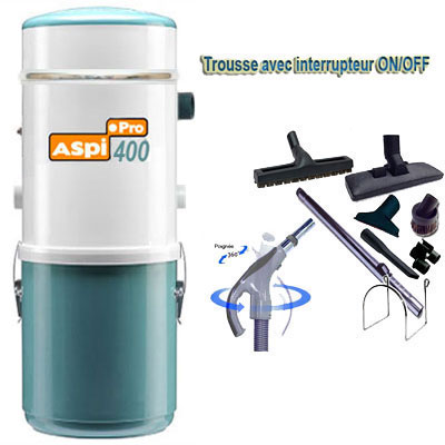 Aspiration centralisée ASPI PRO 400 garantie 5 ans (jusqu'à 350 M²) + Set inter 9 M + 8 accessoires + 1 kit de nettoyage micro
