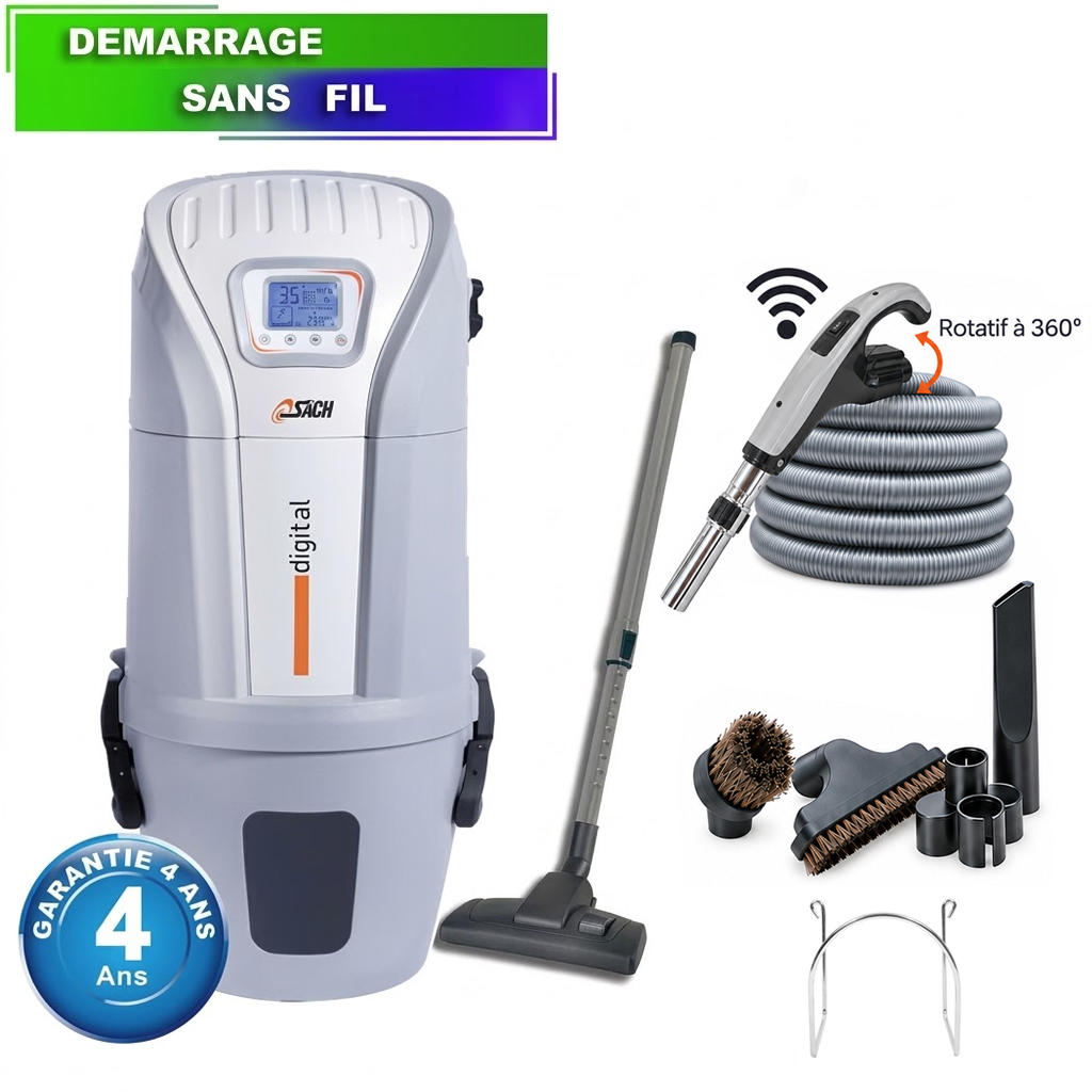 Centrale d'aspiration type ALDES, SACH VAC Digital 1.6 kW - Garantie 4 ans - Surface jusqu’à 250 m² - Set de nettoyage, UD6004-SC/E