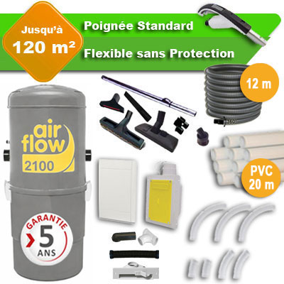 Aspirateur central AIRFLOW 2100 garantie 5 ans + flexible rétractable  12 m standard + 7 accessoires + kit 1 prise RETRAFLEX + kit prise balai (rayon d'action 120 m2)