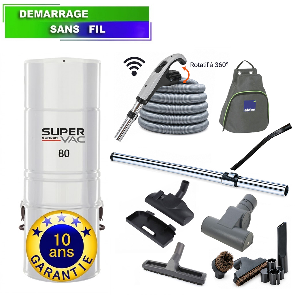 Aspirateur centralisé type Aldes HAYDEN SuperVac 80 Garantie 10 ans (jusqu’à 500 m²) + set de nettoyage