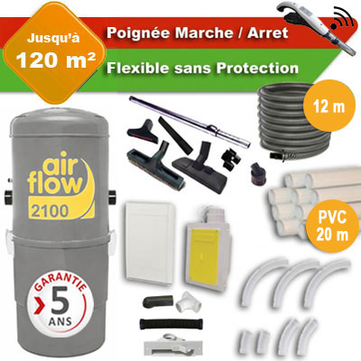 Aspirateur central AIRFLOW 2100 garantie 5 ans + flexible rétractable  12 m + poignée marche/arrêt + 7 accessoires + kit 1 prise RETRAFLEX + kit prise balai (rayon d'action 120 m2)