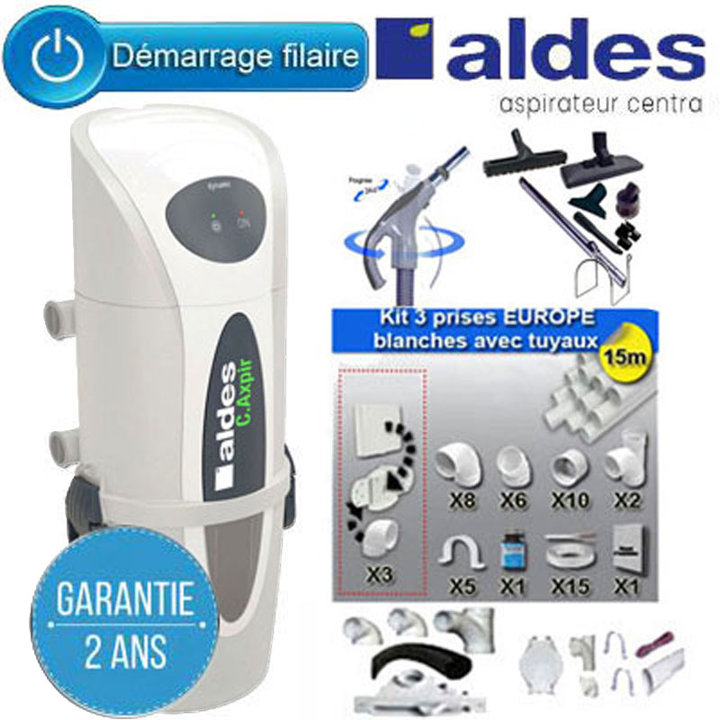 Centrale ALDES C.Axpir® Dynamic, Garantie 2 ans (jusqu'à 500 M²) + Set inter 9 M + 8 accessoires + kit 3 prises + kit prise balai + kit prise garage