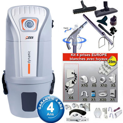 Aspiration centralisée SACH VAC Dynamic 2.4 kW garantie 4 ans (jusqu'à 500 M²) + Set inter 9 M + 8 accessoires + kit 4 prises + kit prise balai + kit prise garage