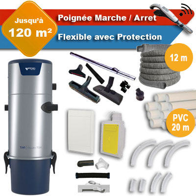 Aspirateur central AERTECNICA TS4 garantie 3 ans + flexible rétractable 12 m avec housse de protection + poignée marche/arrêt + 7 accessoires + kit 1 prise RETRAFLEX + kit prise balai (rayon d'action 120 m2), CMTS4