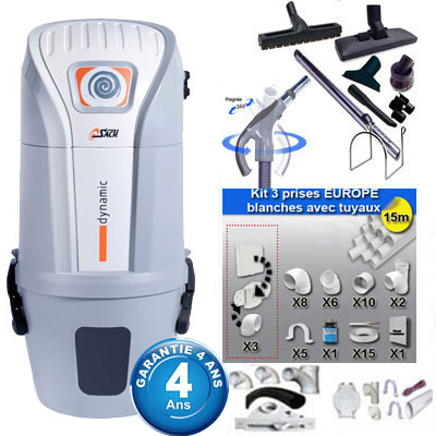 Aspiration centralisée SACH VAC Dynamic 1.8 kW garantie 4 ans (jusqu'à 300 M²) + Set inter 9 M + 8 accessoires + kit 3 prises + kit prise balai + kit prise garage