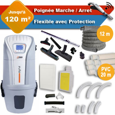 Aspirateur central SACH VAC Digital 1.8 kW garantie 4 ans + flexible rétractable 12 m avec housse de protection + poignée marche/arrêt + 7 accessoires + kit 1 prise RETRAFLEX + kit prise balai (rayon d'action 120 m2)