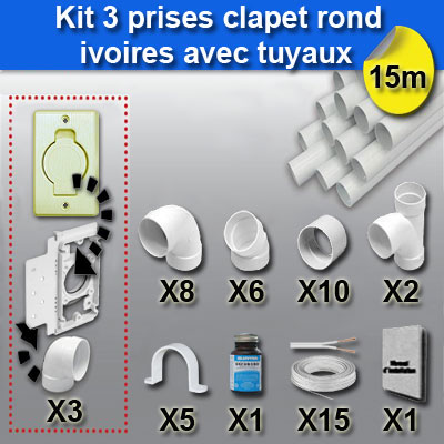 Kit 3 prises - clapet rond avec tuyaux - ivoire