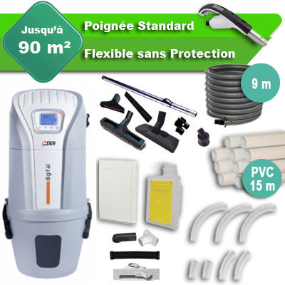 Aspirateur central SACH VAC Digital 1.6 kW garantie 4 ans + flexible rétractable 9 m standard + 7 accessoires + kit 1 prise RETRAFLEX + kit prise balai (rayon d'action 90 m2)