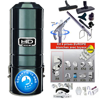 ASPIRATEUR CENTRAL SANS SAC SANS FILTRE HD801C (jusqu’à 600 M²) GARANTIE 10 ans + set inter 9 M + 8 accessoires + kit 4 prises + kit prise balai + kit prise garage