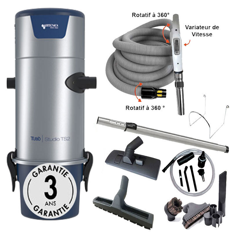 Aspiration centralisée AERTECNICA TS2 (jusqu’à 400 m²), Sans sac - GARANTIE 3 ANS - Avec 1 trousse flexible à variateur 9 M + 8 accessoires + Kit de nettoyage micro, CMTS2