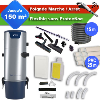 Aspirateur central AERTECNICA TS4 garantie 3 ans  + flexible rétractable 15 m + poignée marche/arrêt + 7 accessoires + kit 1 prise RETRAFLEX + kit prise balai (rayon d'action 150 m2), CMTS4