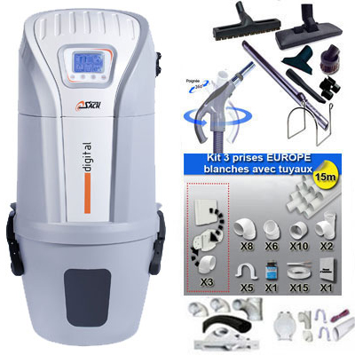 Aspiration centralisée SACH VAC Digital 1.6 kW garantie 4 ans (jusqu'à 250 M²) + Set inter 9 M + 8 accessoires + kit 3 prises + kit prise balai + kit prise garage_1
