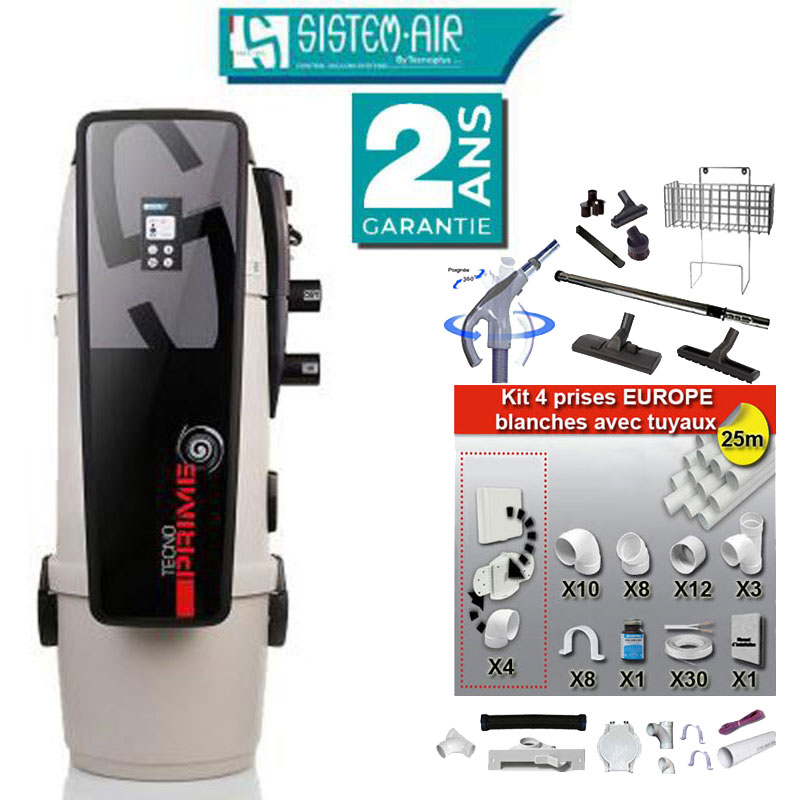 Aspiration centralisée Tecno Prime 350 (jusqu’à 350 m²), Garantie 2 ans + Set inter 9 M + 8 accessoires + kit 4 prises + kit prise balai + kit prise garage