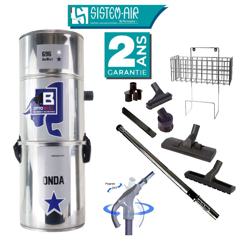 Aspiration centralisée sans sac OTTO BULL ONDA 400 INOX (jusqu’à 400 m²) + Set inter 9 M + 8 accessoires + 1 kit de nettoyage micro