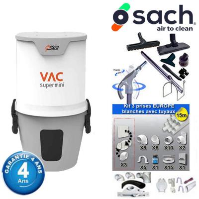 Centrale d'aspiration SACH VAC SUPER MINI garantie 4 ans (jusqu’à 300 m²) + Set inter 9 M + 8 accessoires + kit 3 prises + kit prise balai + kit prise garage