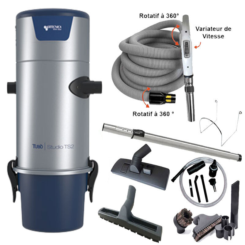 Aspiration centralisée AERTECNICA TS2 (jusqu’à 400 m²), Sans sac - GARANTIE 3 ANS - Avec 1 trousse flexible à variateur 9 M + 8 accessoires + Kit de nettoyage micro, CMTS2_1
