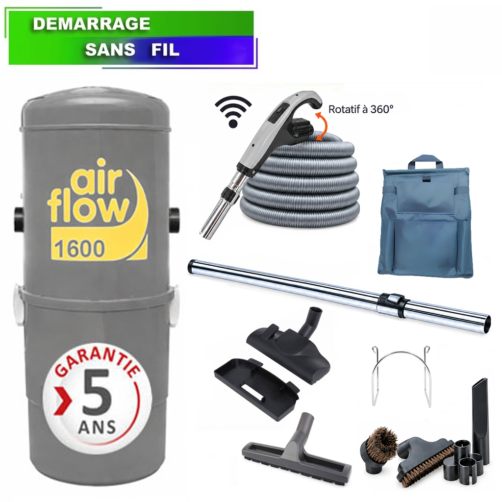 Aspirateur central type ALDES, Airflow 1600 (surface jusqu’à 300 m²) + set accessoires - Garantie 5 ans