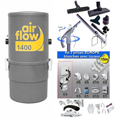 Aspirateur central AIRFLOW 1400 garantie 5 ans (jusqu’à 180 m²) + trousse inter 9 ML + 8 accessoires + kit 3 prises + kit prise balai + kit prise garage_1