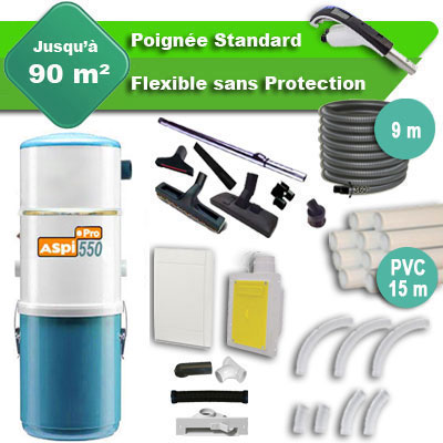 Aspiration centralisée Aspi-pro 400 garantie 5 ans + Set 9 m RETRAFLEX + 7 accessoires + kit 1 prise RETRAFLEX nouvelle génération, 20% plus petit que le premier modèle! + kit prise balai + kit prise garage (rayon d'action 90 m2)