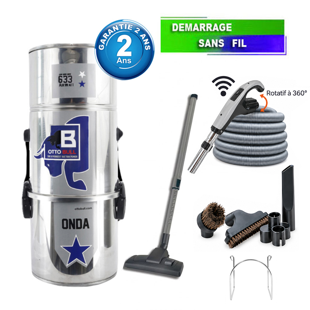 Aspirateur central type ALDES, OTTO BULL ONDA 300 INOX (jusqu’à 300 m²) + set accessoires - Garantie 2 ans,  SISTEM AIR VAC63A