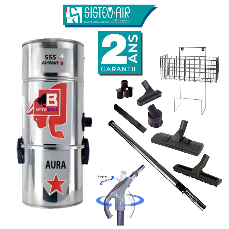 Aspiration centralisée avec sac OTTO BULL AURA 150 INOX (jusqu’à 150 m²), Garantie 2 ans + Set inter 9 M + 8 accessoires + 1 Kit de nettoyage micro offert