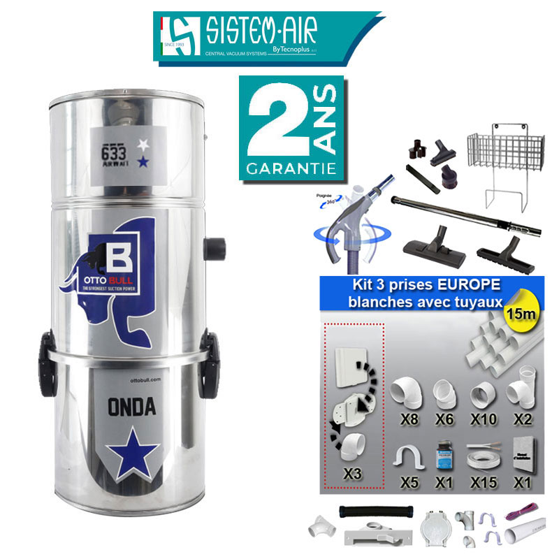 Aspiration centralisée sans sac OTTO BULL ONDA 300 INOX (jusqu’à 300 m²), Garantie 2 ans + Set inter 9 M + 8 accessoires + kit 3 prises + kit prise balai + kit prise garage