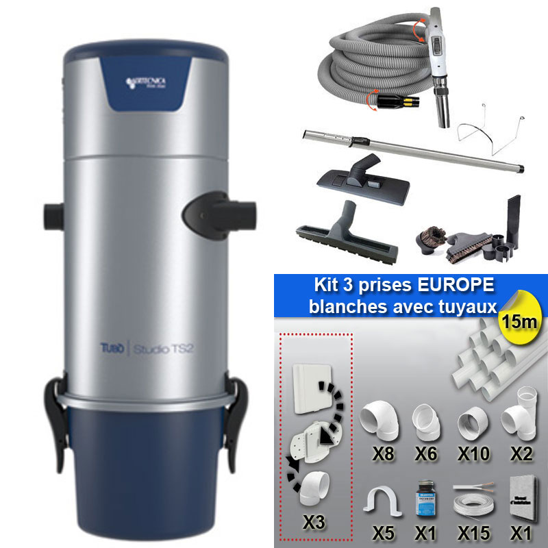 Aspiration centralisée AERTECNICA TS2 (jusqu’à 400 m²), Sans Sac - GARANTIE 3 ANS - Avec 1 trousse flexible à variateur 9m + 8 accessoires + kit 3 prises + kit prise balai + kit prise garage, CMTS2_1