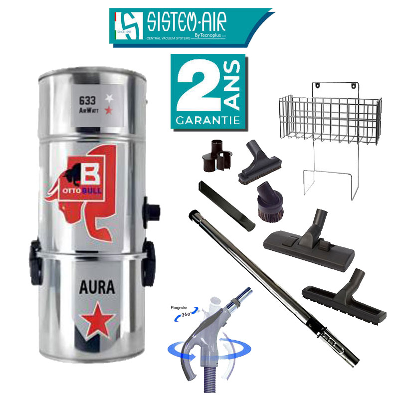 Aspiration centralisée avec sac OTTO BULL AURA 300 INOX (jusqu’à 300 m²), Garantie 2 ans + Set inter 9 M + 8 accessoires + 1 Kit de nettoyage micro offert