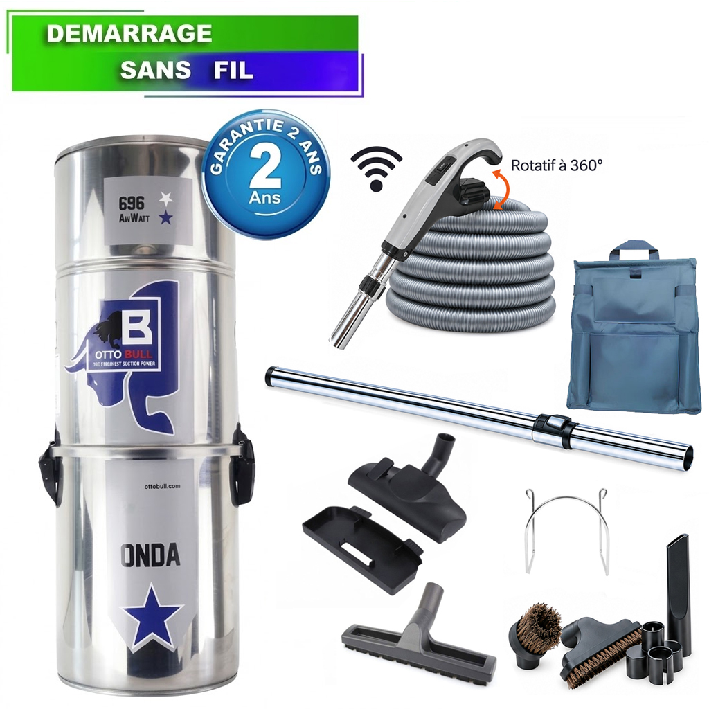 Aspirateur central type ALDES, OTTO BULL ONDA 400 INOX (jusqu’à 400 m²) + set accessoires - Garantie 2 ans, SISTEM AIR VAC69OB