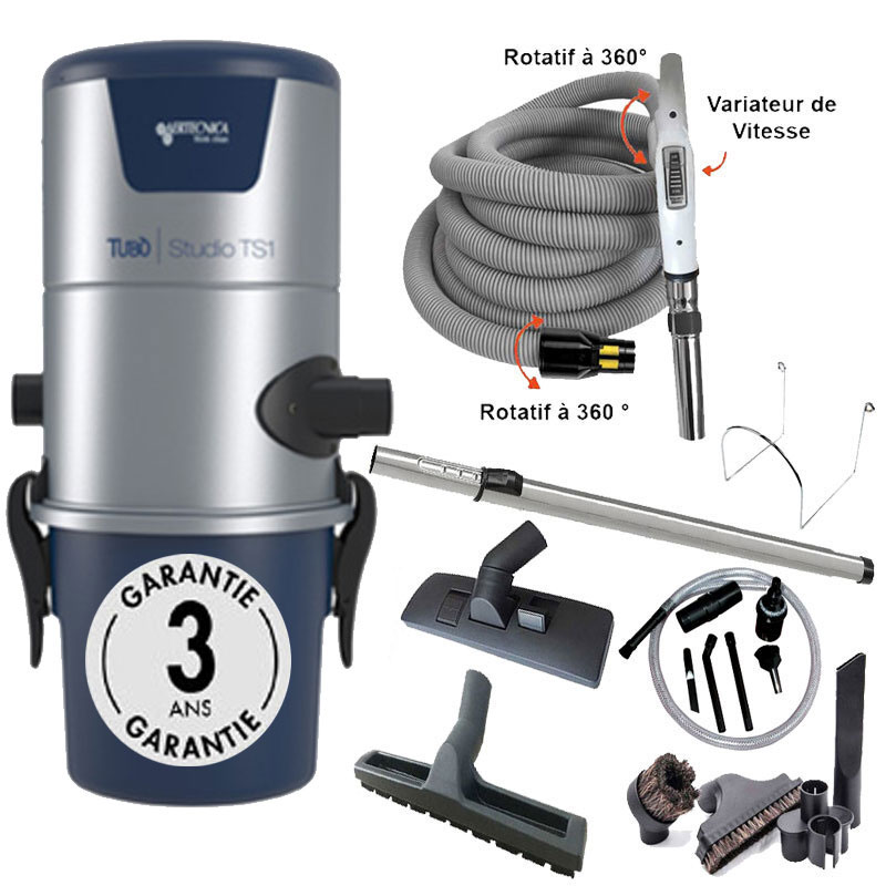Aspiration centralisée AERTECNICA TS1 (jusqu’à 250 m²), Sans Sac - GARANTIE 3 ANS  - Avec 1 trousse flexible à variateur 9 M + 8 accessoires + Kit de nettoyage micro, CMTS1