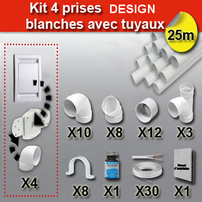 Kit 4 prises DESIGN blanche avec tuyaux
