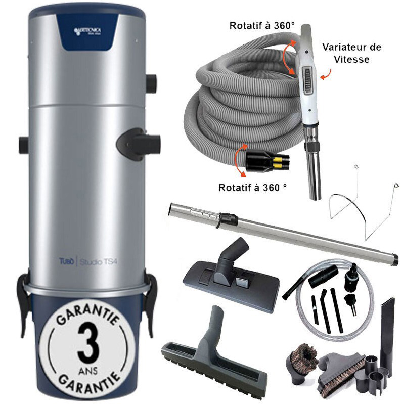 Aspiration centralisée AERTECNICA TS4 (jusqu’à 700 m²), Sans Sac - GARANTIE 3 ANS -Avec 1 trousse flexible à variateur 9 M + 8 accessoires + Kit de nettoyage micro, CMTS4